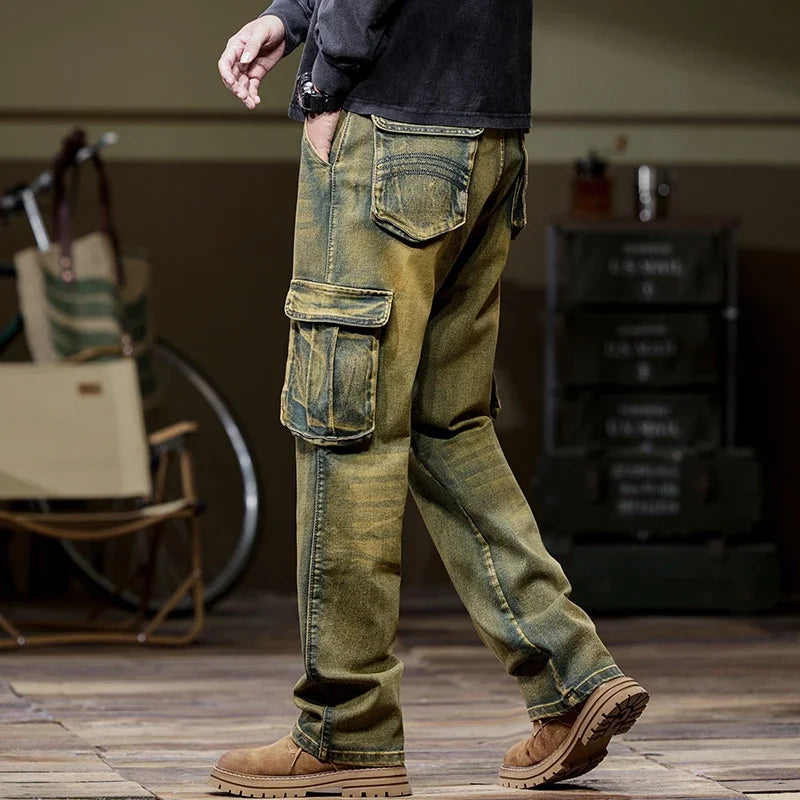 2025 Men's new elastic American retro multi -pocket Workers for denim  men's pants pants loose large size three -color