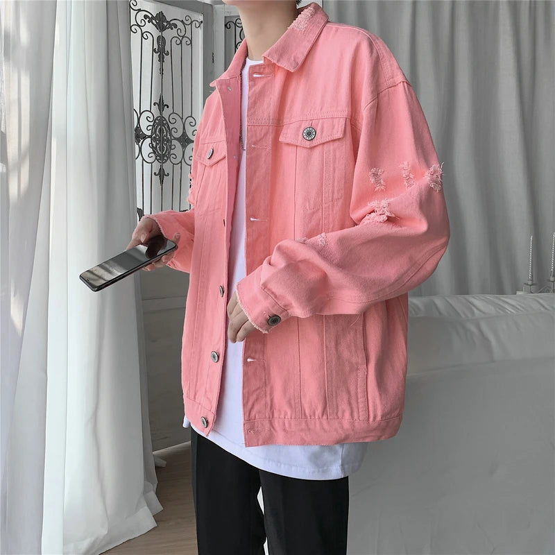 New Autumn Men's Jeans Jackets Slim Fit Cotton Denim Jacket Red White Black Ripped Hole Jean Coats Mens Outwear Plus size M-5XL