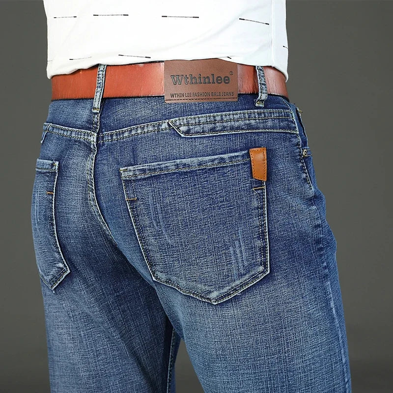 2-piece Set  WhinLEE Black and Blue Business Elite Jeans, Summer Micro Elastic Straightleg Multicraft High-quality Denim Pants