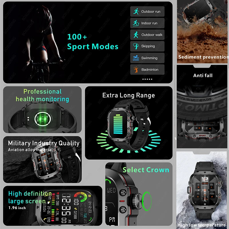 2025 New 3TAM Waterproof Smart Watch Men Outdoor Sports Fitness Tracker Health Monitor 1.96"HD BT Call Waterproof Smartwatch
