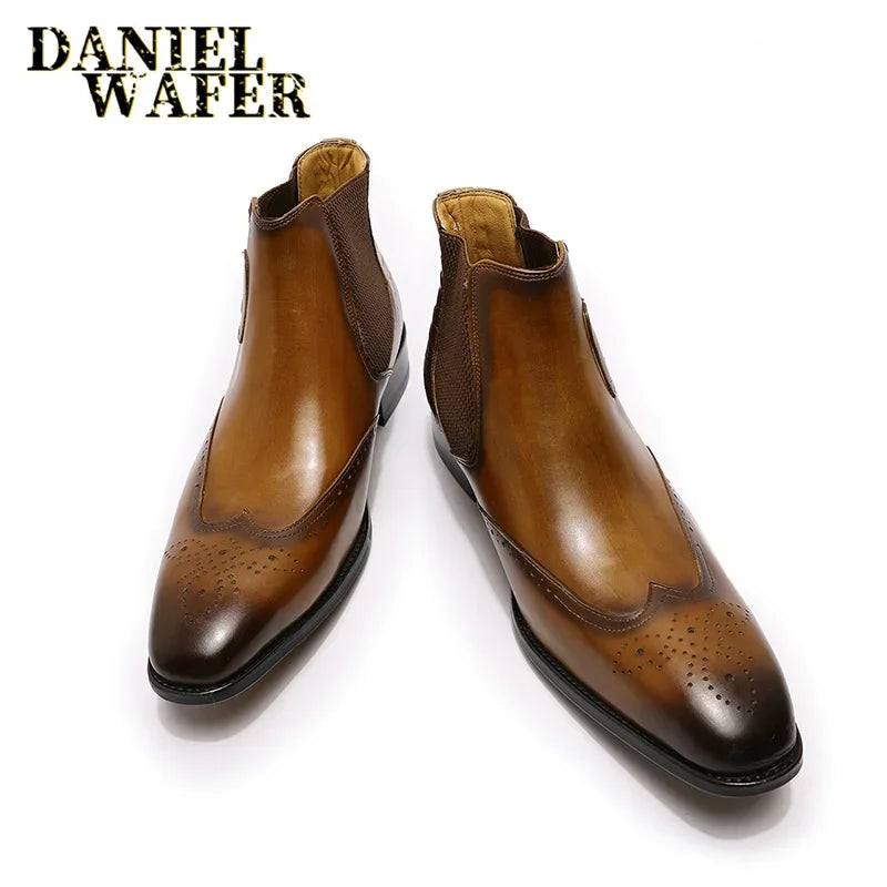 Men's Luxury Genuine Leather Chelsea Boots Ankle High Grade Slip-On Buckle Strap Wingtip Brown Black Basic Shoes