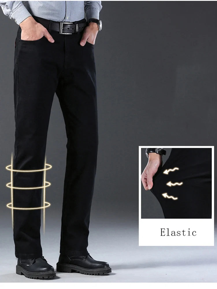 Men Classic Advanced Fashion Brand Pure Black Jeans Man Soft Breathe Stretch Slim Straight Denim Trousers Mens Pants Overalls