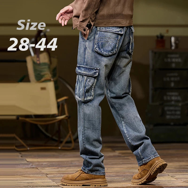 2025 Men's new elastic American retro multi -pocket Workers for denim  men's pants pants loose large size three -color
