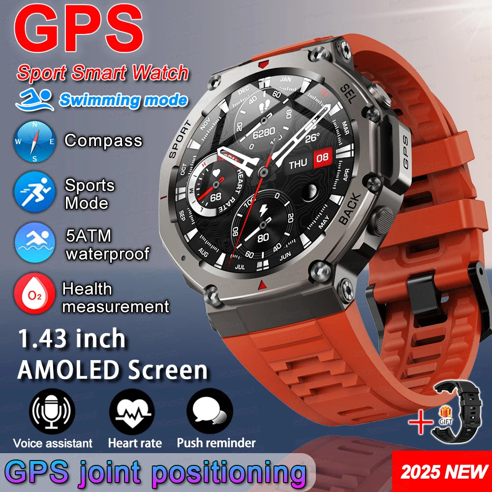 T-Rex 3 Built-in Dual-band GPS Smart Watch Men Smartwatch Compass Altimeter Barometric 5ATM IP69K Waterproof AMOLED HD Watches