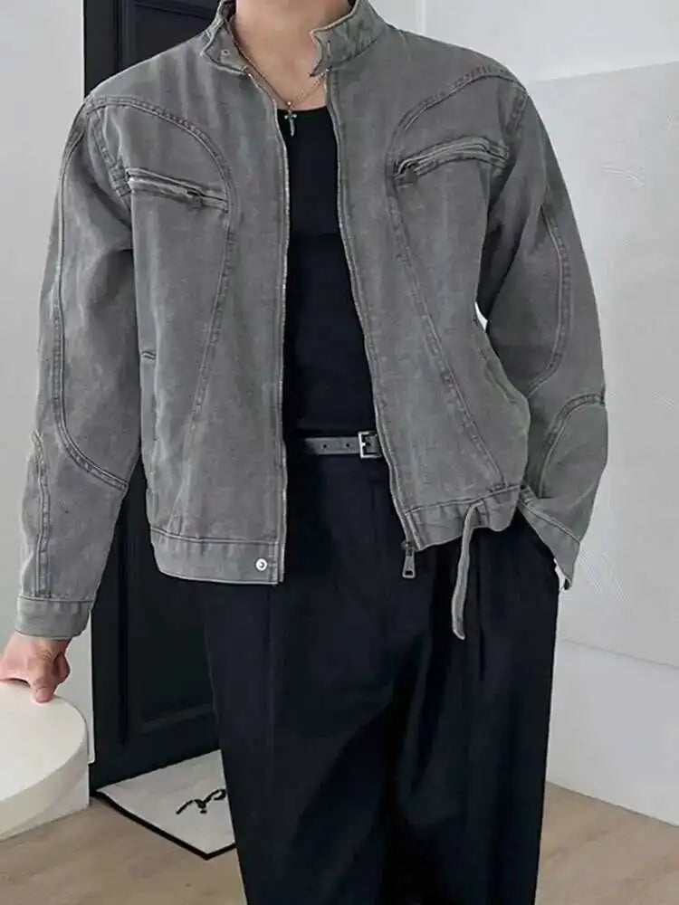 Stand Collar Solid Color Men's Denim Jackets Zipper Patchwork Korean Style Casual Tops Loose Short Male Coat 2025 Autumn