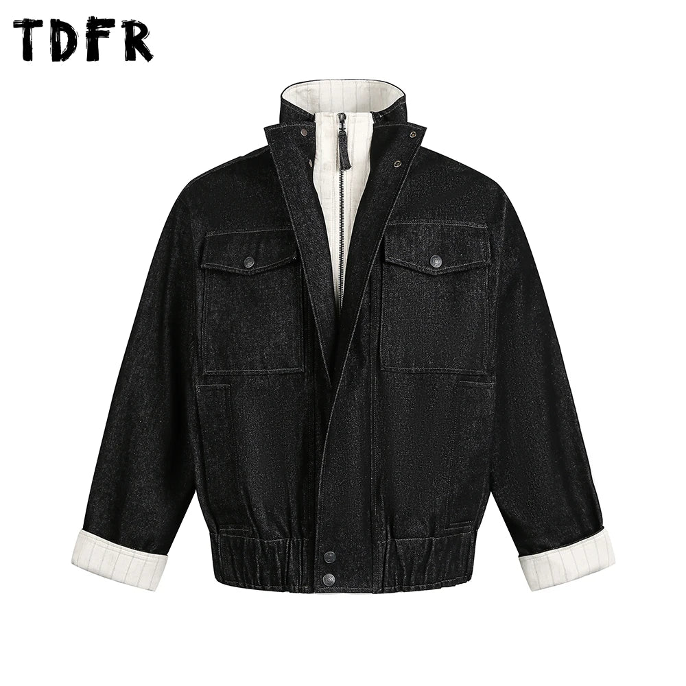 Pocket Fake Two Pieces Denim Jacket Mens Spliced Retro Casual Stand Collar Long Sleeve Outerwear Man