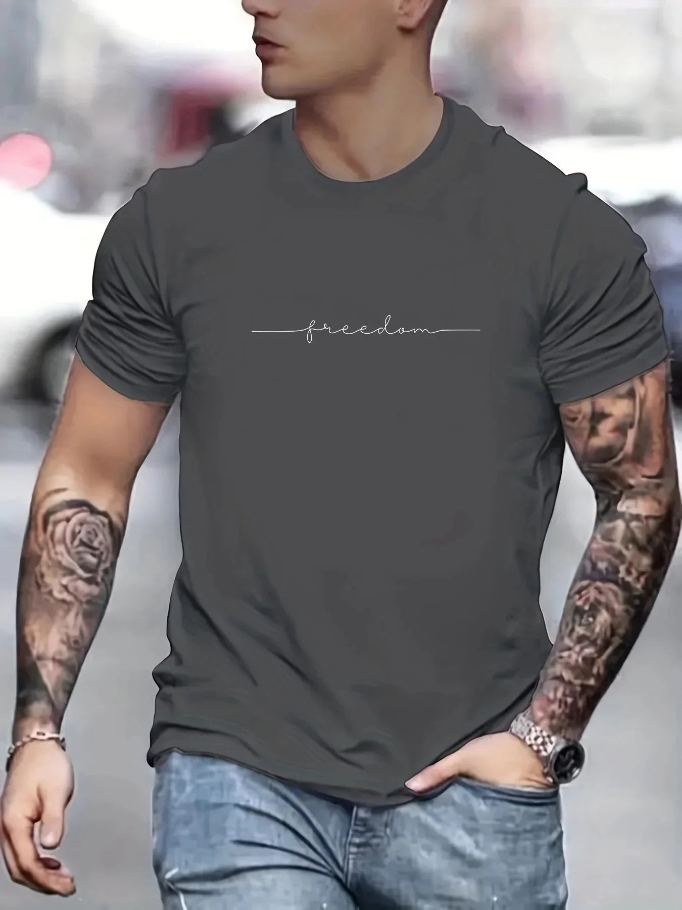 Men's Summer Loose Size 100% Cotton Freedom Graphi Print Casual Slim Fit Round Neck Short Sleeve T-shirt Top