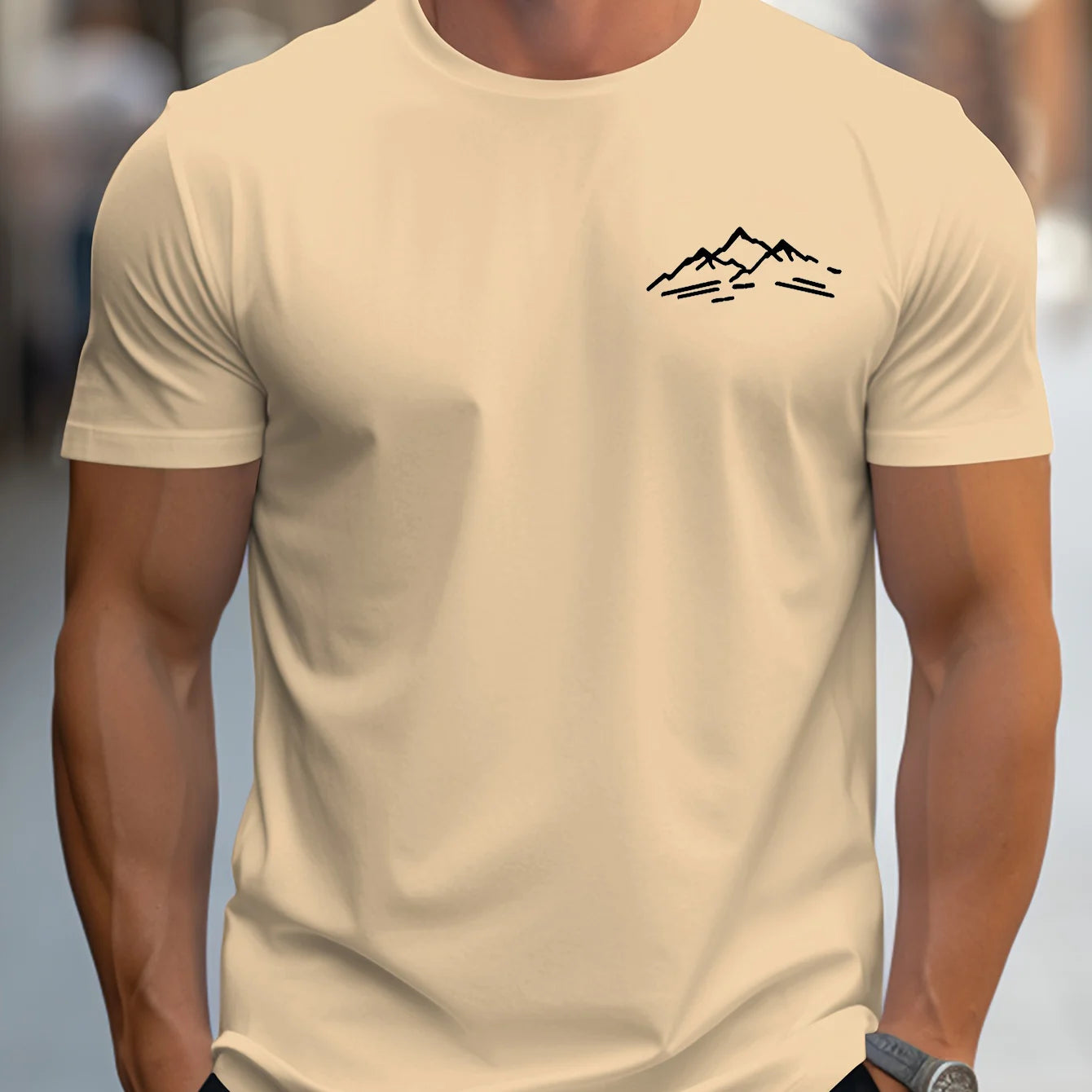 Men's summer 100 cotton fashionable casual sports loose plus size mountain pattern printed round neck short sleeved T-shirt