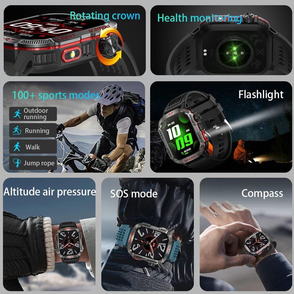 2025 New Outdoor Sport Smart Watch Men Compass LED Flashlight 600mAh Battery Health Monitoring Waterproof BT Call Smartwatch