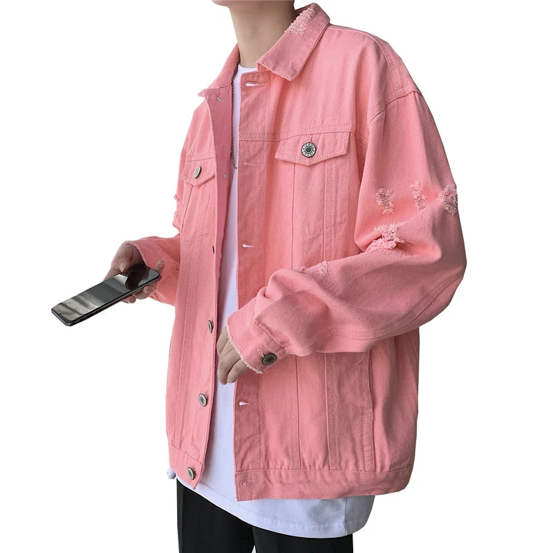 New Autumn Men's Jeans Jackets Slim Fit Cotton Denim Jacket Red White Black Ripped Hole Jean Coats Mens Outwear Plus size M-5XL