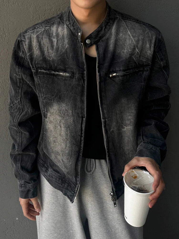 High Street Men's Short Denim Coats Stand Collar Solid Color Loose Zipper Washing Male Jackets 2025 Spring Korean Style