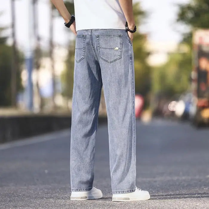2025 New Ice Silk Thin Denim Jeans For Men Blue Straight Stretch Cotton Pants Business Casual Lightweight Trousers Spring Summer