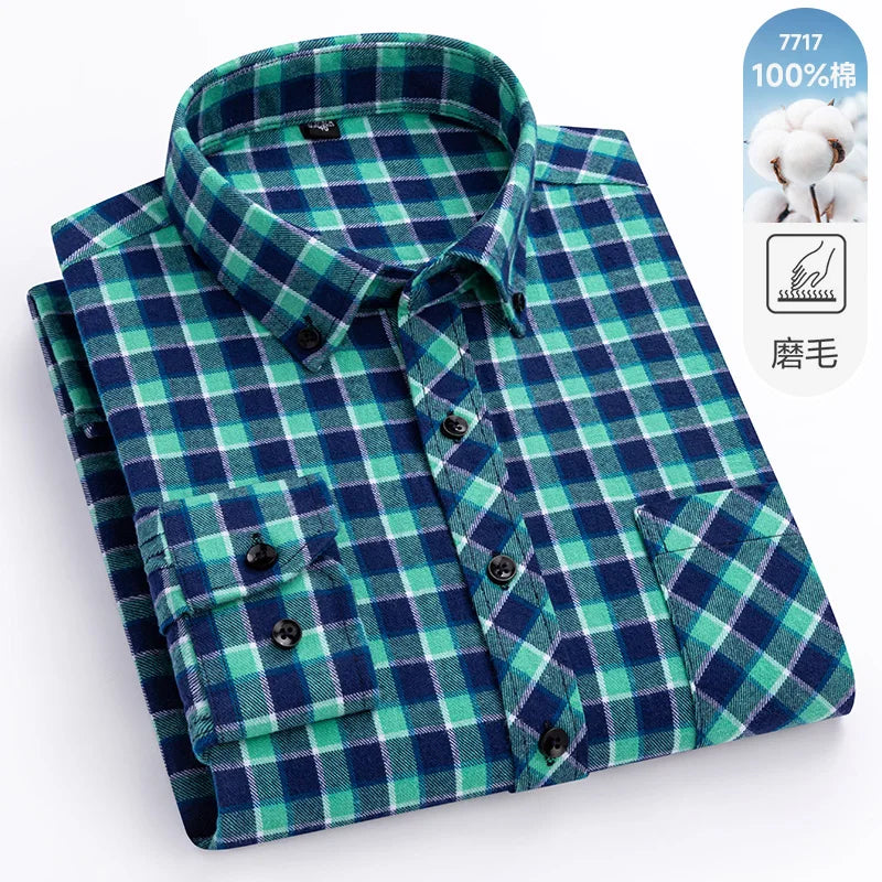 Men's 100% Pure Cotton Flannel Soft Regular-fit Long Sleeve Brushed  Shirt Single Pocket Comfortable Casual Plaid  Shirts S-8XL