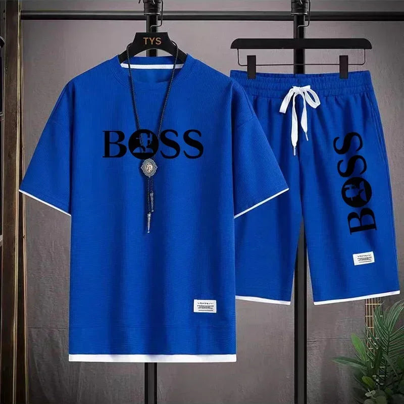 Summer 2025 new men's breathable short sleeve T-shirt + quick drying shorts two-piece outdoor fashion men's sports casual top
