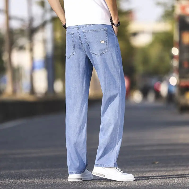 2025 New Ice Silk Thin Denim Jeans For Men Blue Straight Stretch Cotton Pants Business Casual Lightweight Trousers Spring Summer