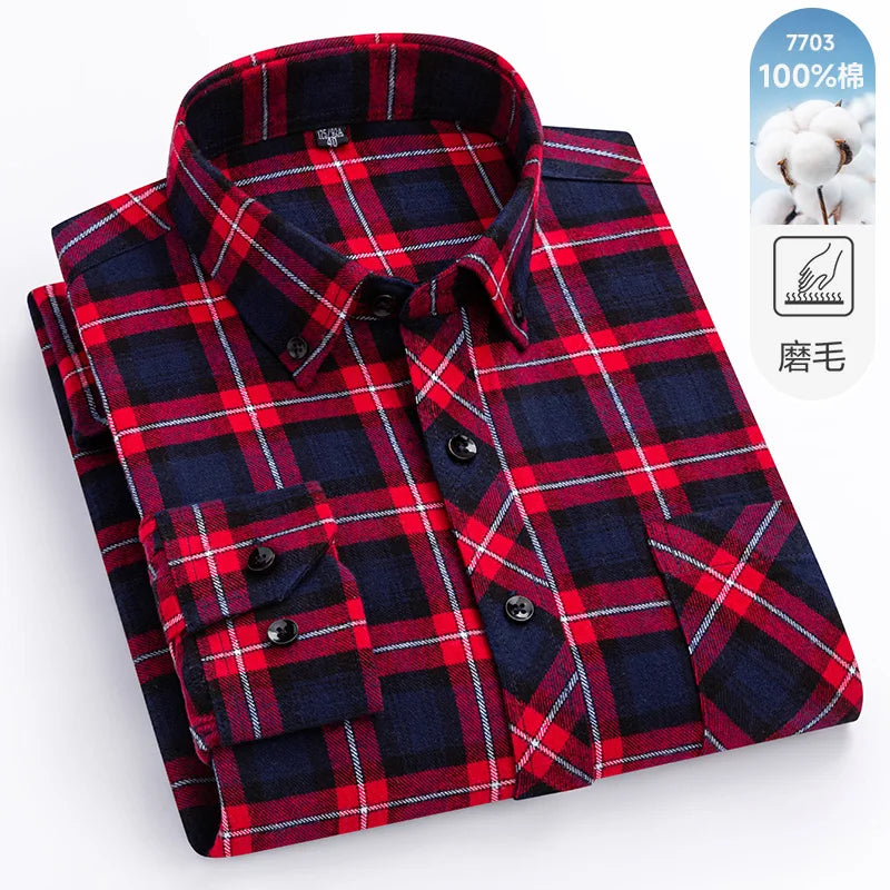 Men's 100% Pure Cotton Flannel Soft Regular-fit Long Sleeve Brushed  Shirt Single Pocket Comfortable Casual Plaid  Shirts S-8XL