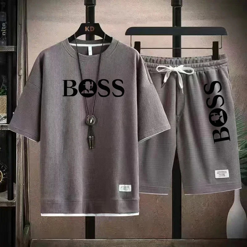 Summer 2025 new men's breathable short sleeve T-shirt + quick drying shorts two-piece outdoor fashion men's sports casual top