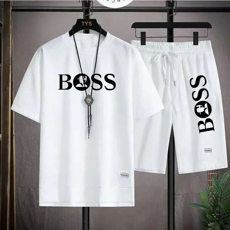 Summer 2025 new men's breathable short sleeve T-shirt + quick drying shorts two-piece outdoor fashion men's sports casual top