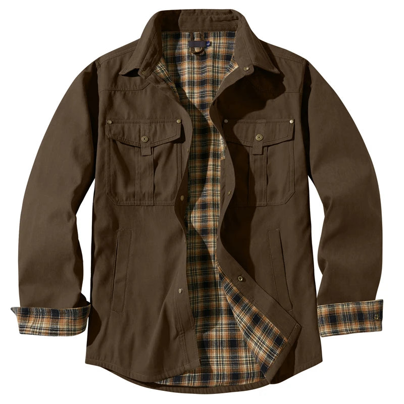 Spring Autumn Mens Flannel Plaid Shirt Jacket Casual Men Retro Lapel Cotton Warm Shirts Men Tactical Windbreaker Jacket Clothing