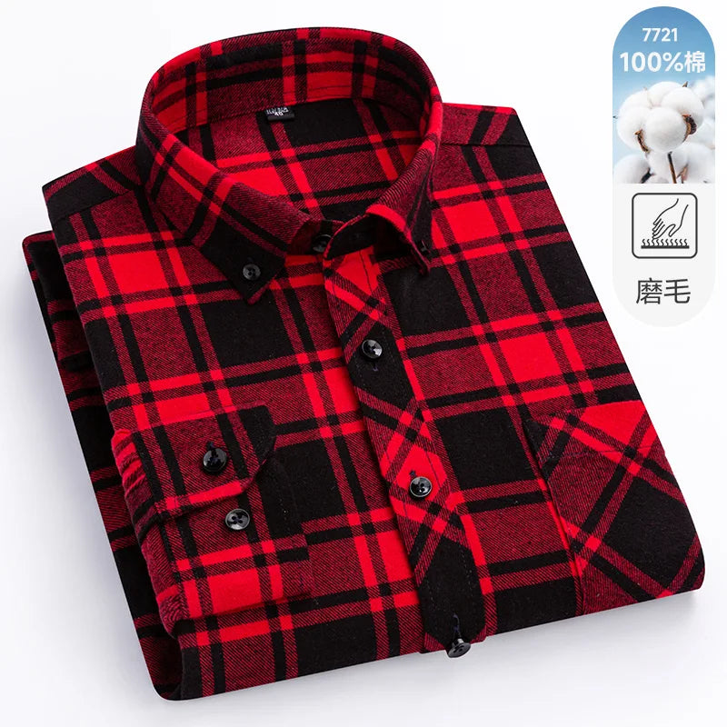 Men's 100% Pure Cotton Flannel Soft Regular-fit Long Sleeve Brushed  Shirt Single Pocket Comfortable Casual Plaid  Shirts S-8XL