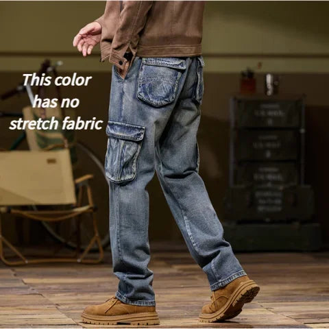 2025 Men's new elastic American retro multi -pocket Workers for denim  men's pants pants loose large size three -color