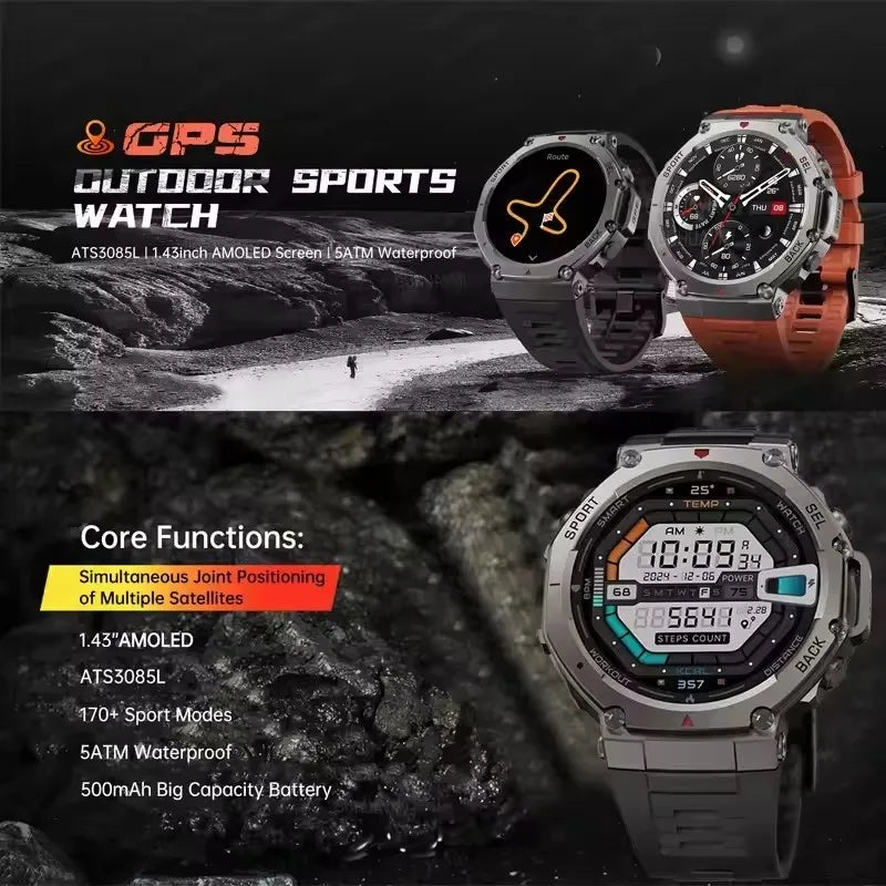 T-Rex 3 Built-in Dual-band GPS Smart Watch Men Smartwatch Compass Altimeter Barometric 5ATM IP69K Waterproof AMOLED HD Watches