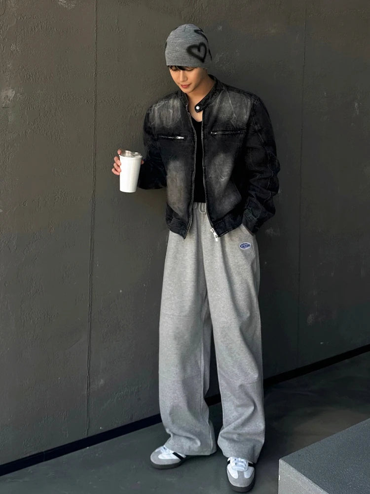 SYUHGFA High Street Men's Short Denim Coats Stand Collar Solid Color Loose Zipper Washing Male Jackets 2025 Spring Korean Style