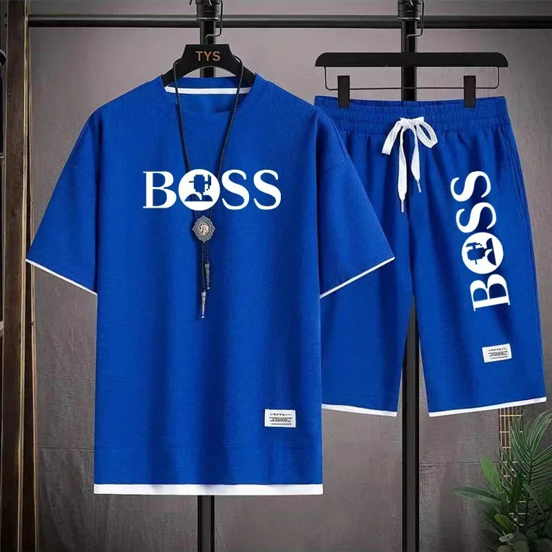 Summer 2025 new men's breathable short sleeve T-shirt + quick drying shorts two-piece outdoor fashion men's sports casual top