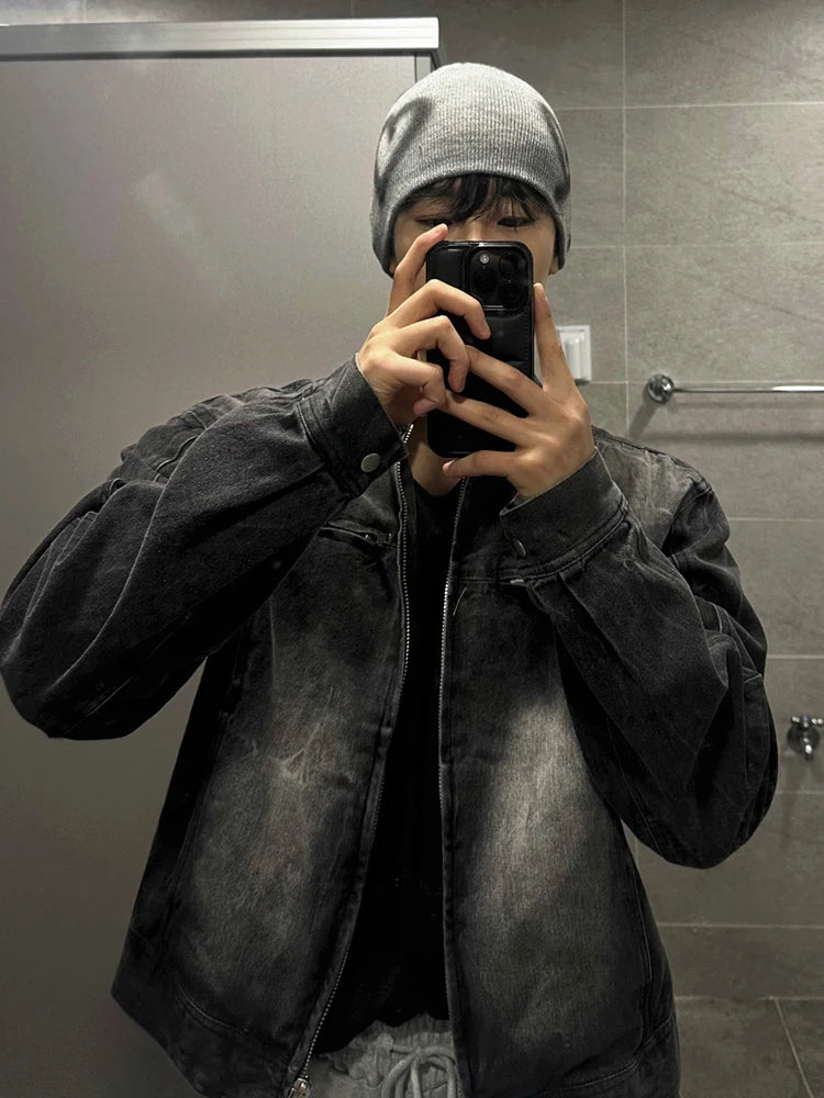 High Street Men's Short Denim Coats Stand Collar Solid Color Loose Zipper Washing Male Jackets 2025 Spring Korean Style