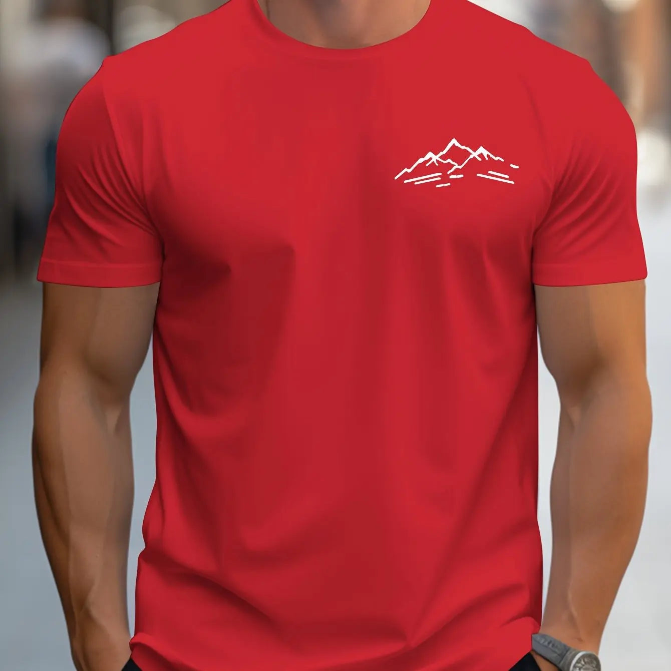 Men's summer 100 cotton fashionable casual sports loose plus size mountain pattern printed round neck short sleeved T-shirt