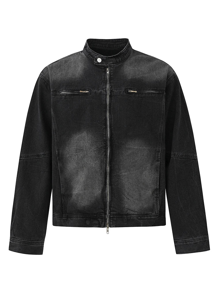 High Street Men's Short Denim Coats Stand Collar Solid Color Loose Zipper Washing Male Jackets 2025 Spring Korean Style