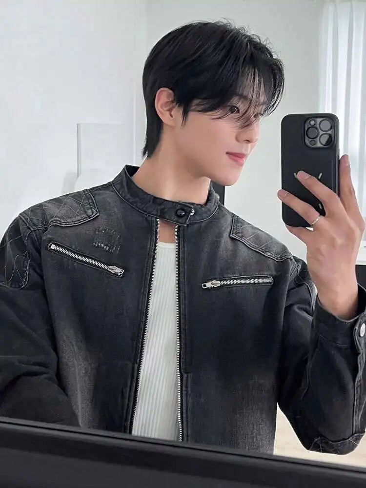 SYUHGFA 2025 Autumn Stand Collar Solid Color Men's Wear Denim Jackets Zipper Patchwork Korean Style Casual Loose Short Male Coat