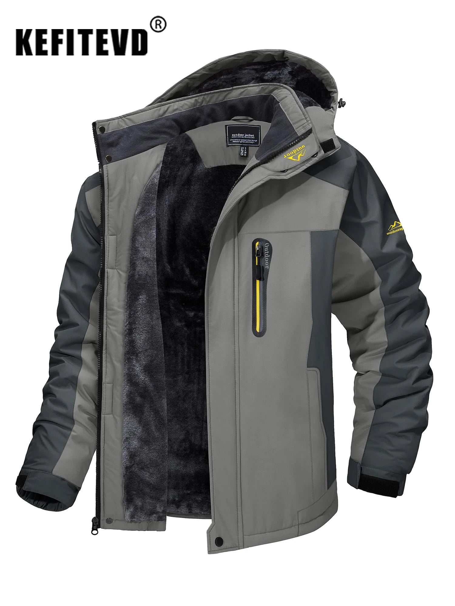 KEFITEVD Winter Heavy Ski Jacket Waterproof Warm Fleece Jackets Outdoor Thermal Breathable Hiking Jacket Windbreaker Snow Parka