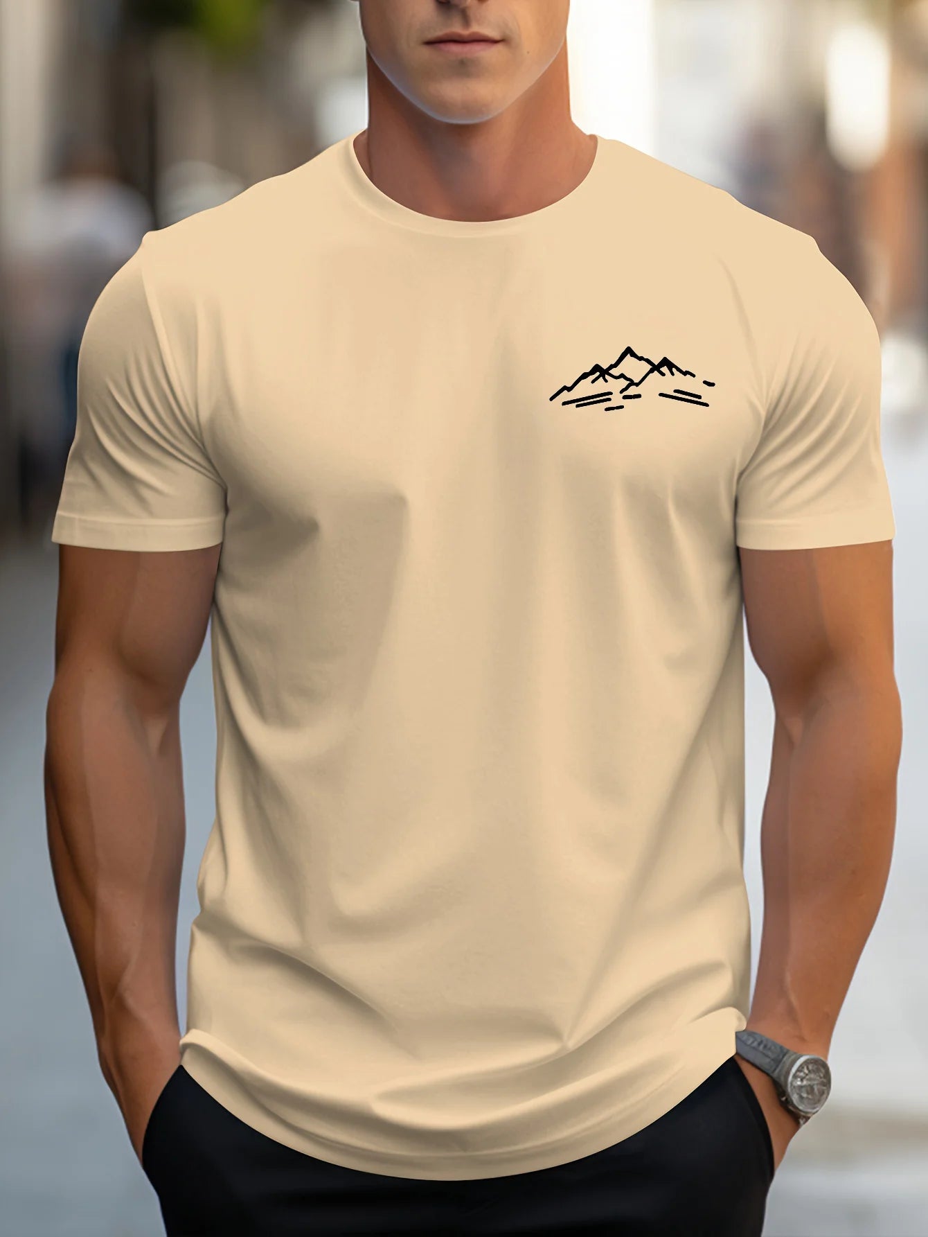 Men's summer 100 cotton fashionable casual sports loose plus size mountain pattern printed round neck short sleeved T-shirt