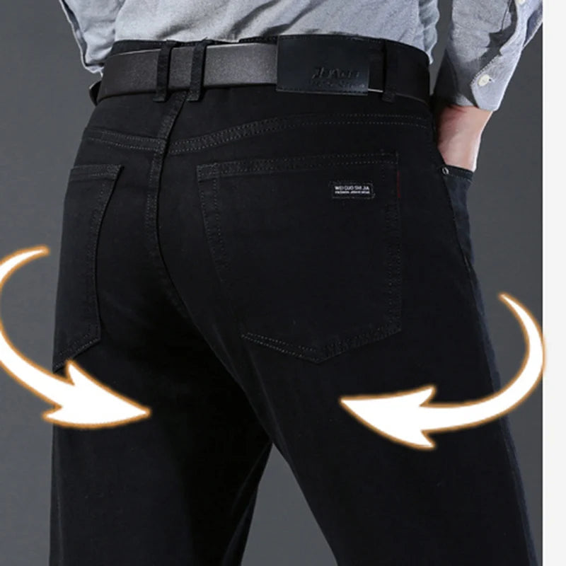 Men Classic Advanced Fashion Brand Pure Black Jeans Man Soft Breathe Stretch Slim Straight Denim Trousers Mens Pants Overalls