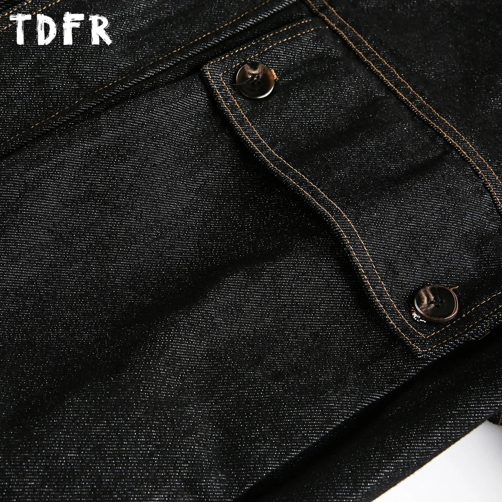 Big Pocket Denim Cargo Jacket Mens Autumn Retro Casual Spliced Lapel Loose Long Sleeve Outerwear Man