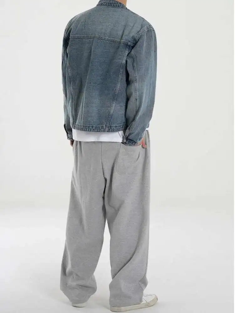 Korean Style Men's Wear Stand Collar Short Denim Jackets Niche Design Male Loose Zipper Coats New 2025 Autumn