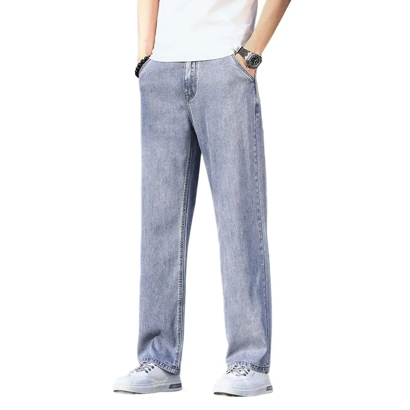 2025 New Ice Silk Thin Denim Jeans For Men Blue Straight Stretch Cotton Pants Business Casual Lightweight Trousers Spring Summer