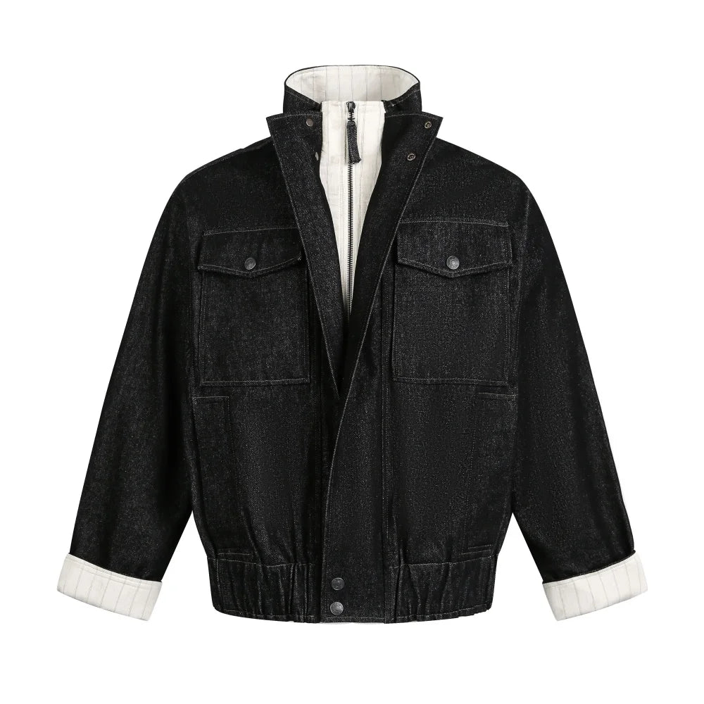 Pocket Fake Two Pieces Denim Jacket Mens Spliced Retro Casual Stand Collar Long Sleeve Outerwear Man