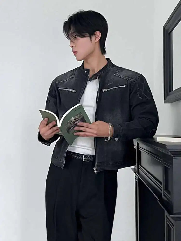 SYUHGFA 2025 Autumn Stand Collar Solid Color Men's Wear Denim Jackets Zipper Patchwork Korean Style Casual Loose Short Male Coat