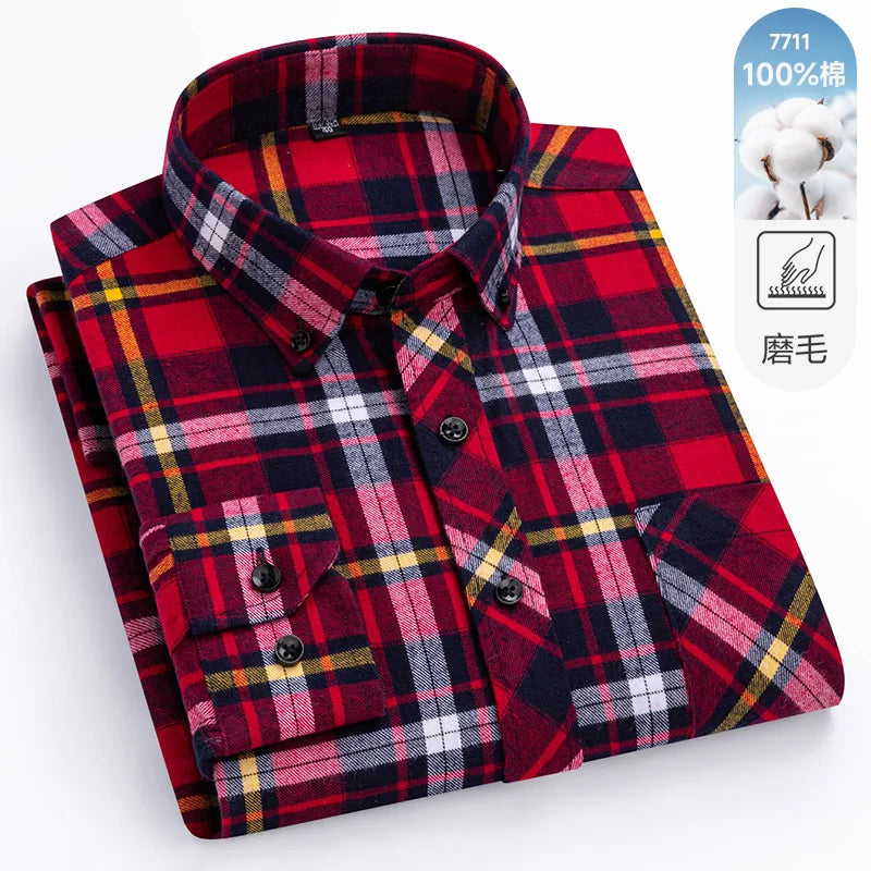 Men's 100% Pure Cotton Flannel Soft Regular-fit Long Sleeve Brushed  Shirt Single Pocket Comfortable Casual Plaid  Shirts S-8XL