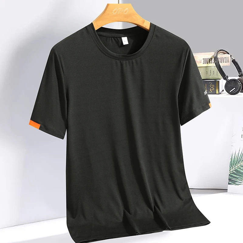 Men's Silk Ice Round Collar T-shirt, Simple Running Fitness Suit, Breathable Thin T-shirt, Quick Dry T-shirt, Summer