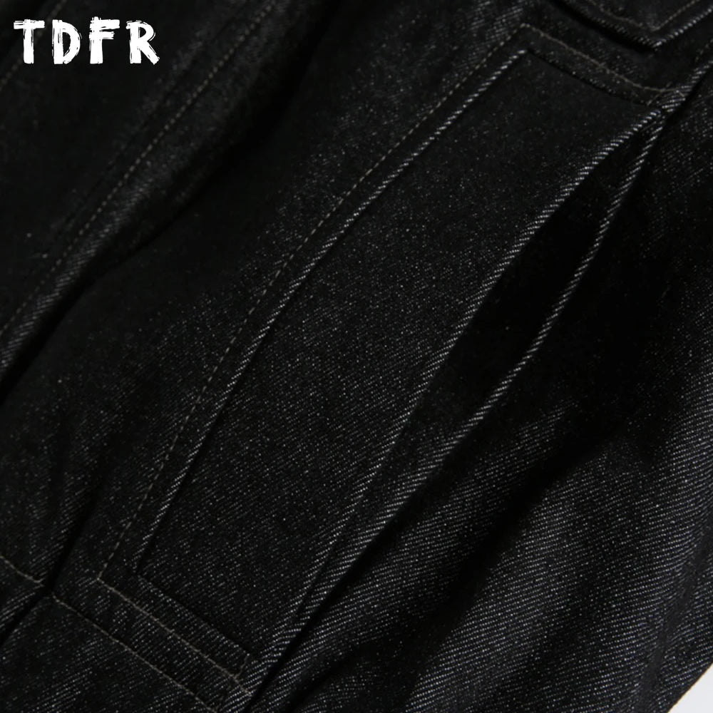 Pocket Fake Two Pieces Denim Jacket Mens Spliced Retro Casual Stand Collar Long Sleeve Outerwear Man