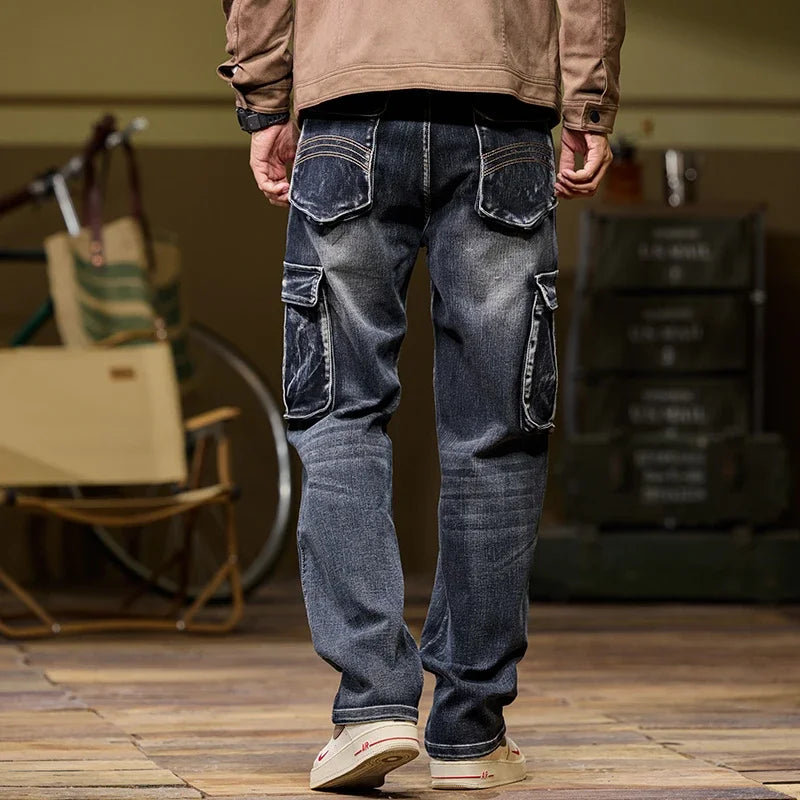 2025 Men's new elastic American retro multi -pocket Workers for denim  men's pants pants loose large size three -color