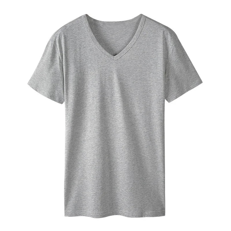2025 men's short sleeved T-shirt loose and breathable plus size T-shirt top summer thin solid color V-neck home clothing base s