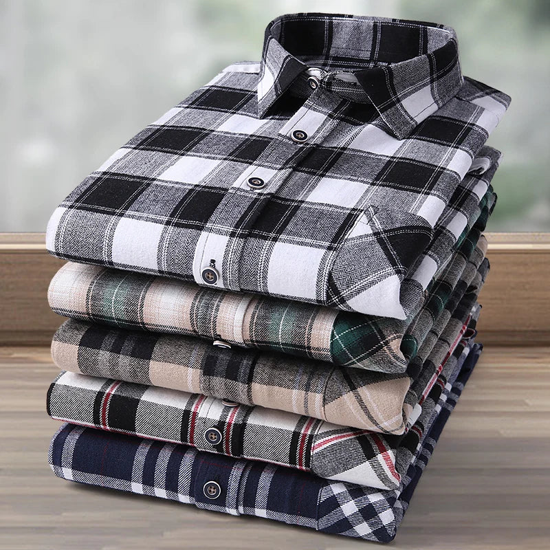 Men's 100% Pure Cotton Flannel Soft Regular-fit Long Sleeve Brushed  Shirt Single Pocket Comfortable Casual Plaid  Shirts S-8XL