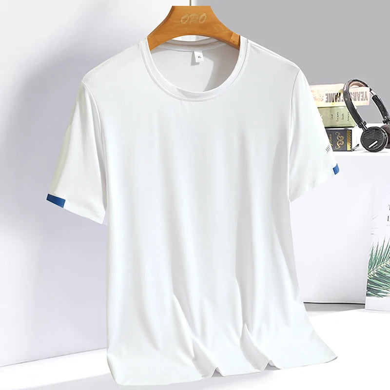 Men's Silk Ice Round Collar T-shirt, Simple Running Fitness Suit, Breathable Thin T-shirt, Quick Dry T-shirt, Summer