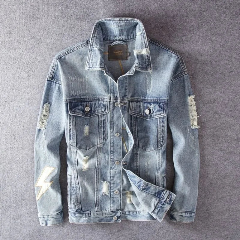 New men's denim jacket embroidered print fashion retro ripped street jacket men