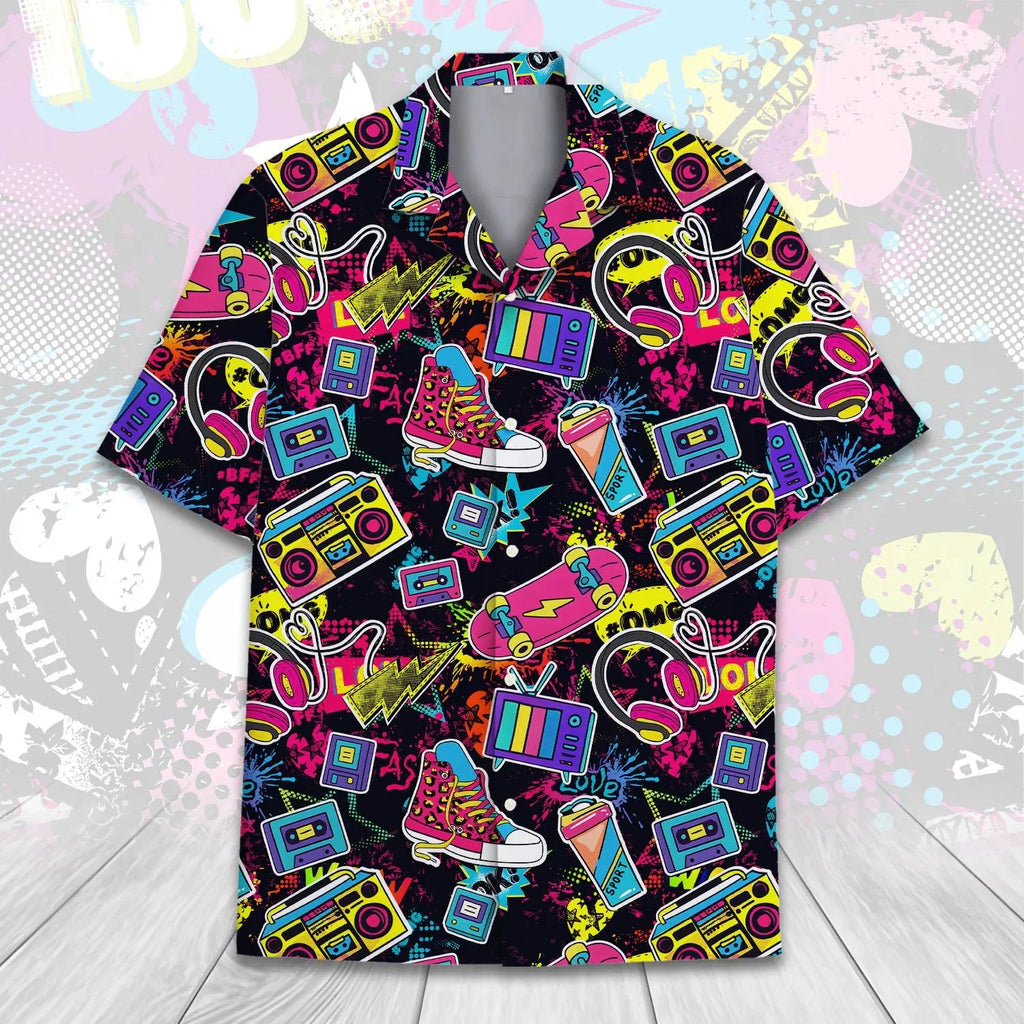 Retro 80s Pop Art Hawaiian Shirt 2025 Neon Cassette Skateboard Headphone Shirt, Vintage 90s Party Button-Up Summer Unisex Shirts