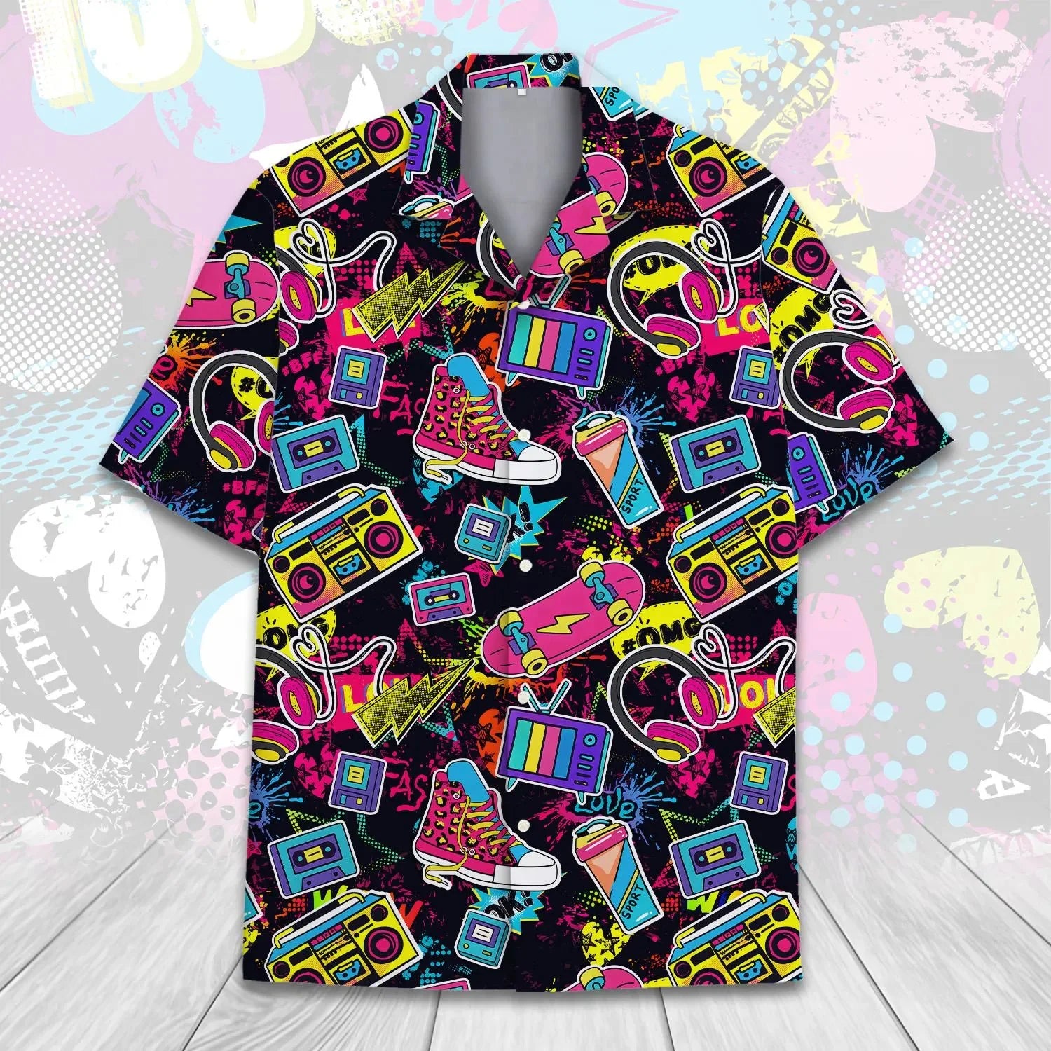 Retro 80s Pop Art Hawaiian Shirt 2025 Neon Cassette Skateboard Headphone Shirt, Vintage 90s Party Button-Up Summer Unisex Shirts